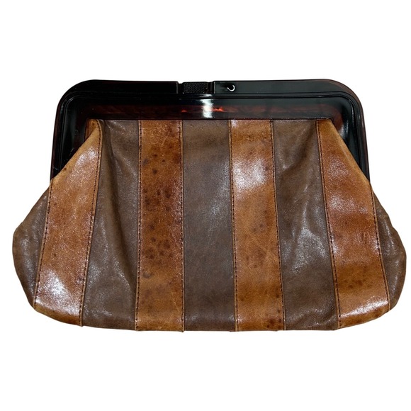Unbranded Handbags - Vintage Patchwork Leather Clutch Bag Brown Striped Tortoiseshell Frame Handbag